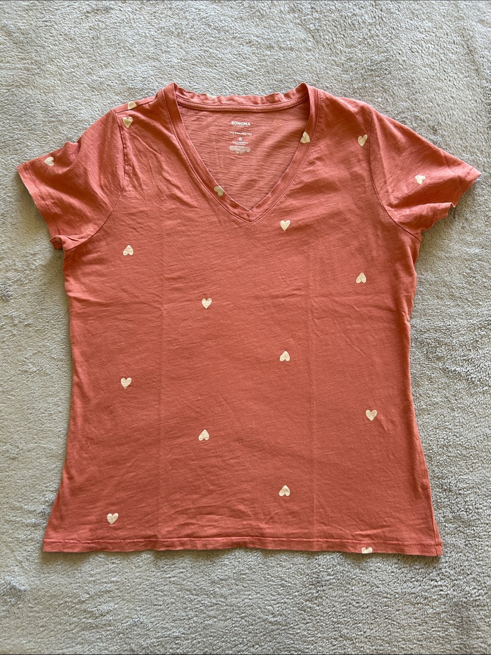 Sonoma Coral V-Neck Tee with Gold Heart Accents